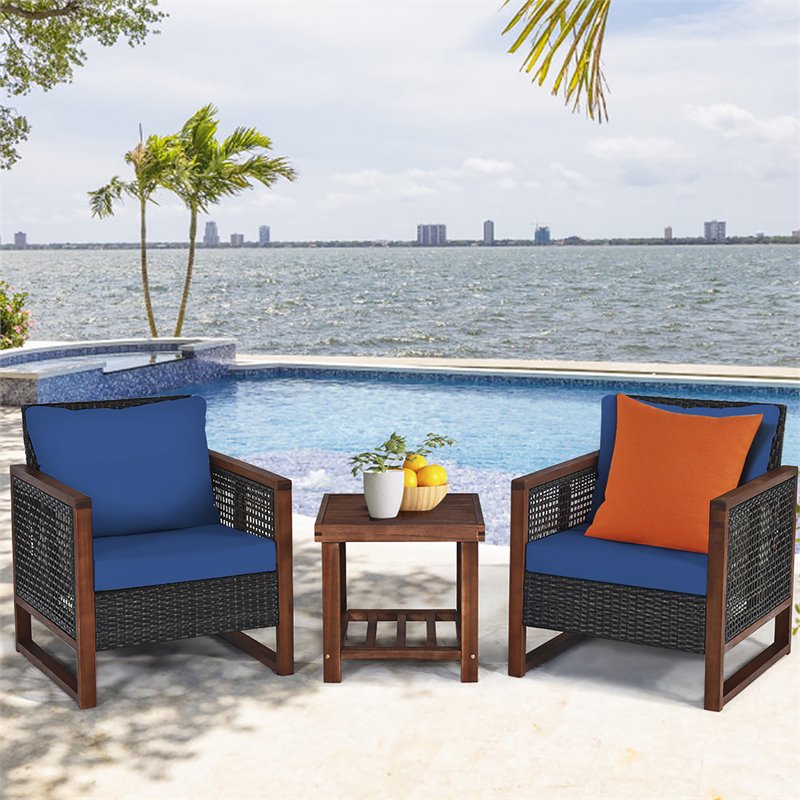 Pemberly Row 3-piece Rattan Patio Wicker Furniture Set with Square Table in Navy
