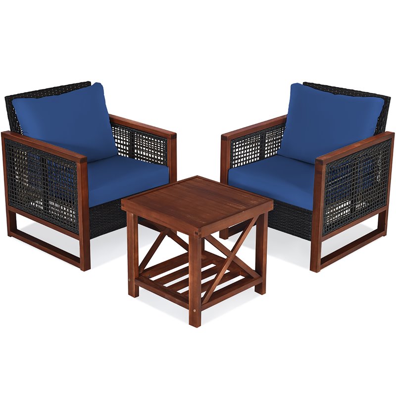 Pemberly Row 3-piece Rattan Patio Wicker Furniture Set with Square Table in Navy