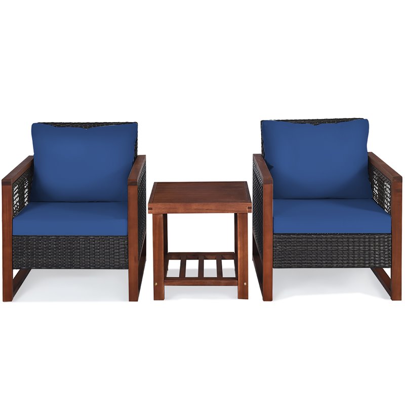 Pemberly Row 3-piece Rattan Patio Wicker Furniture Set with Square Table in Navy