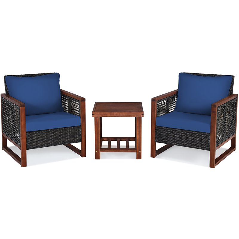Pemberly Row 3-piece Rattan Patio Wicker Furniture Set with Square Table in Navy