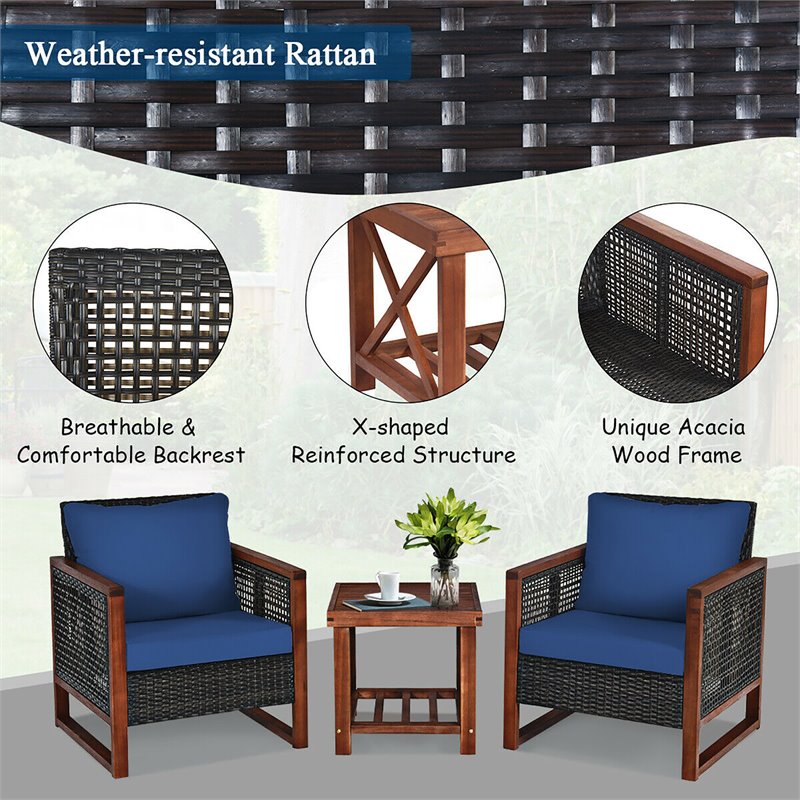 Pemberly Row 3-piece Rattan Patio Wicker Furniture Set with Square Table in Navy