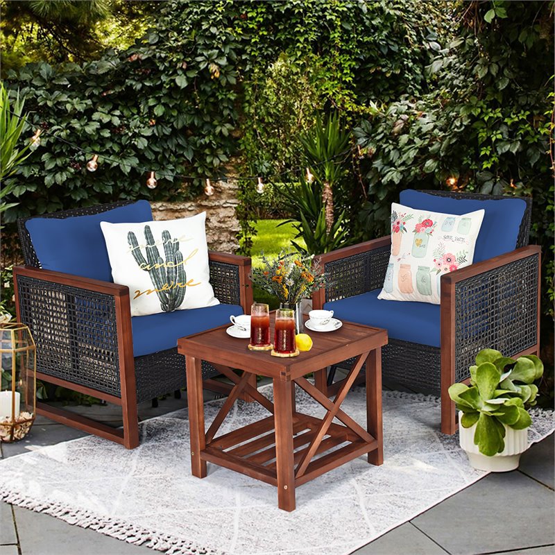 Pemberly Row 3-piece Rattan Patio Wicker Furniture Set with Square Table in Navy