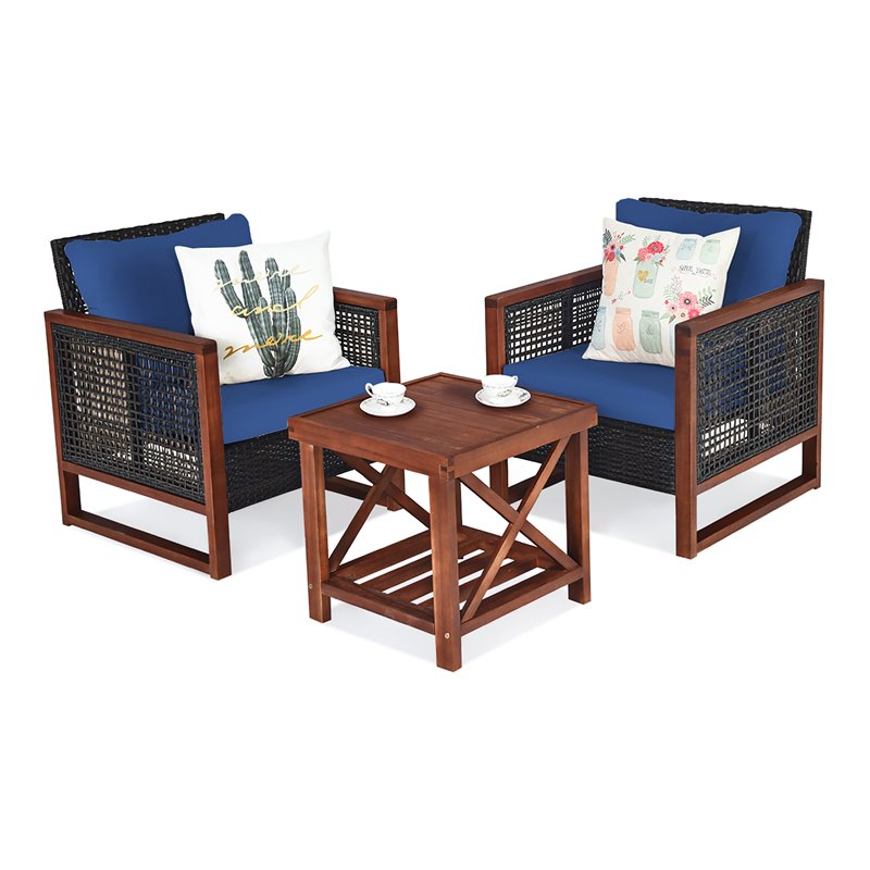 Pemberly Row 3-piece Rattan Patio Wicker Furniture Set with Square Table in Navy