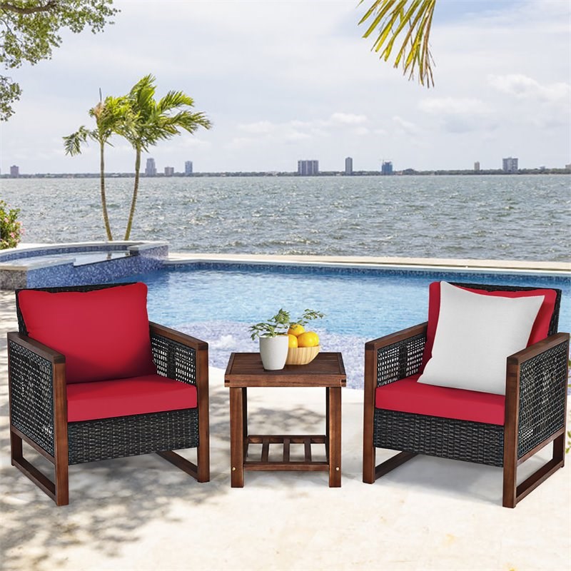 Pemberly Row 3-piece Rattan Patio Wicker Furniture Set with Square Table in Red