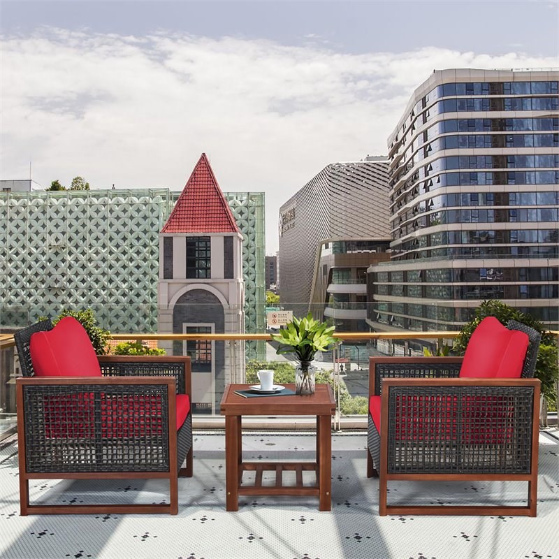 Pemberly Row 3-piece Rattan Patio Wicker Furniture Set with Square Table in Red