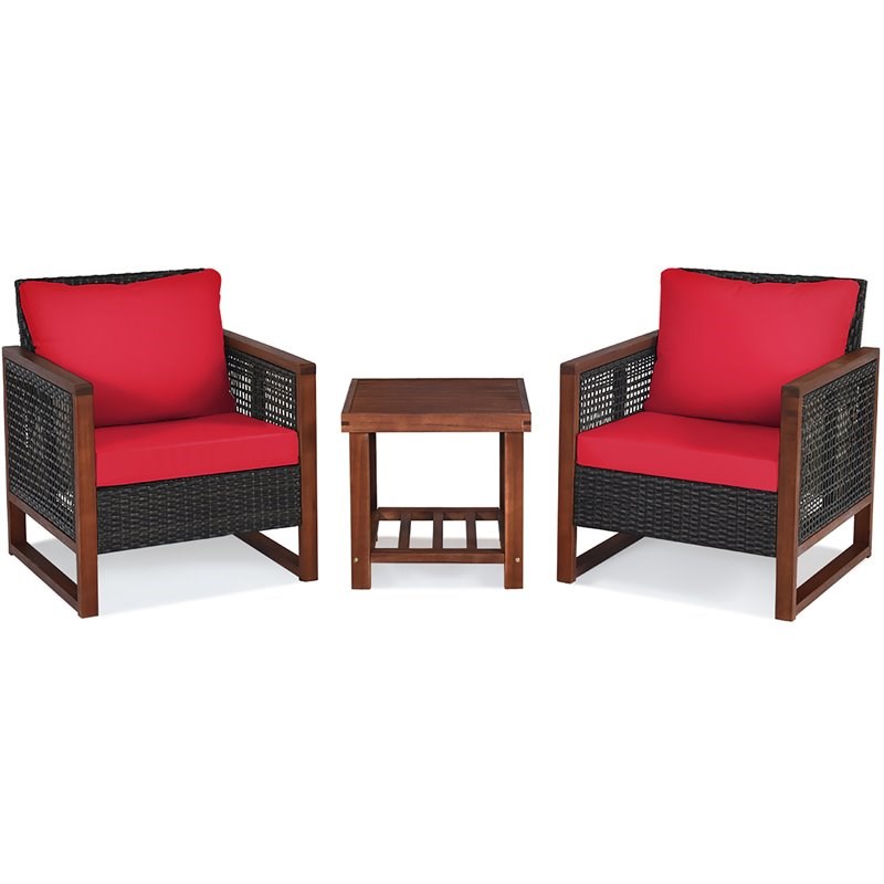 Pemberly Row 3-piece Rattan Patio Wicker Furniture Set with Square Table in Red