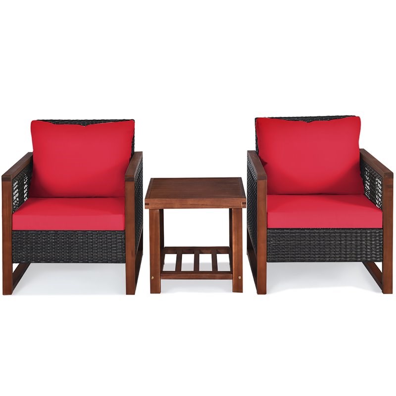 Pemberly Row 3-piece Rattan Patio Wicker Furniture Set with Square Table in Red