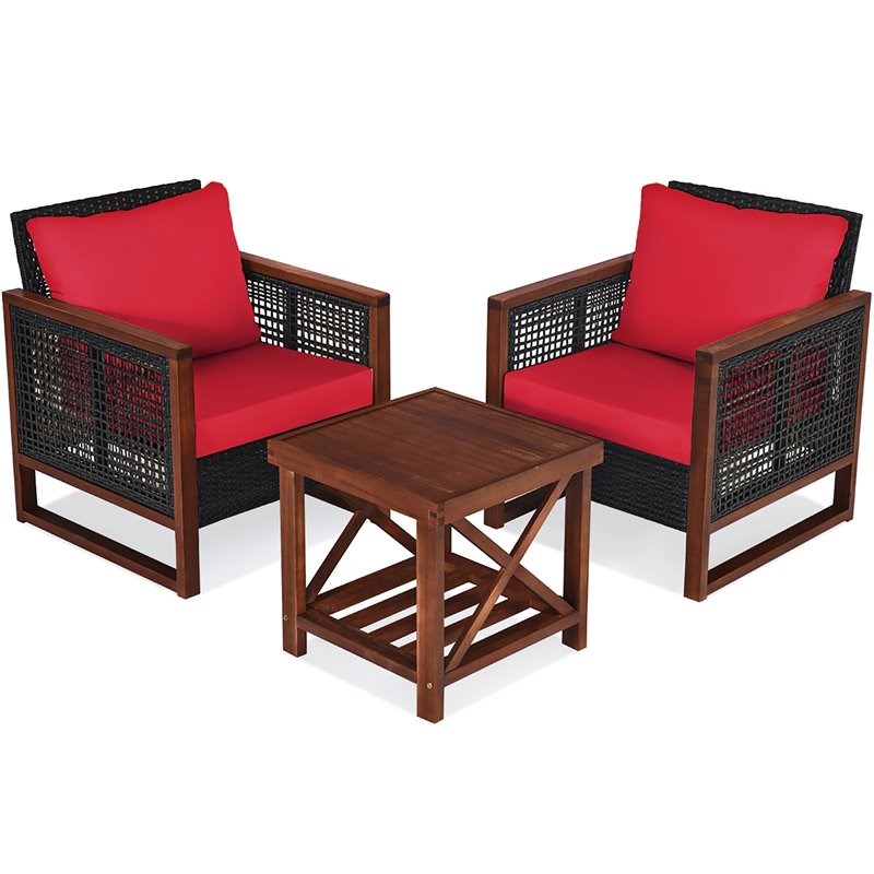 Pemberly Row 3-piece Rattan Patio Wicker Furniture Set with Square Table in Red
