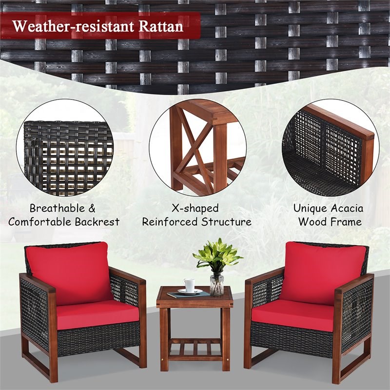 Pemberly Row 3-piece Rattan Patio Wicker Furniture Set with Square Table in Red