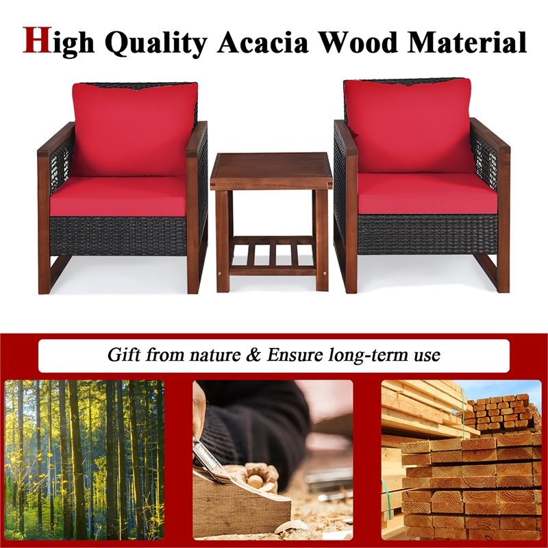 Pemberly Row 3-piece Rattan Patio Wicker Furniture Set with Square Table in Red