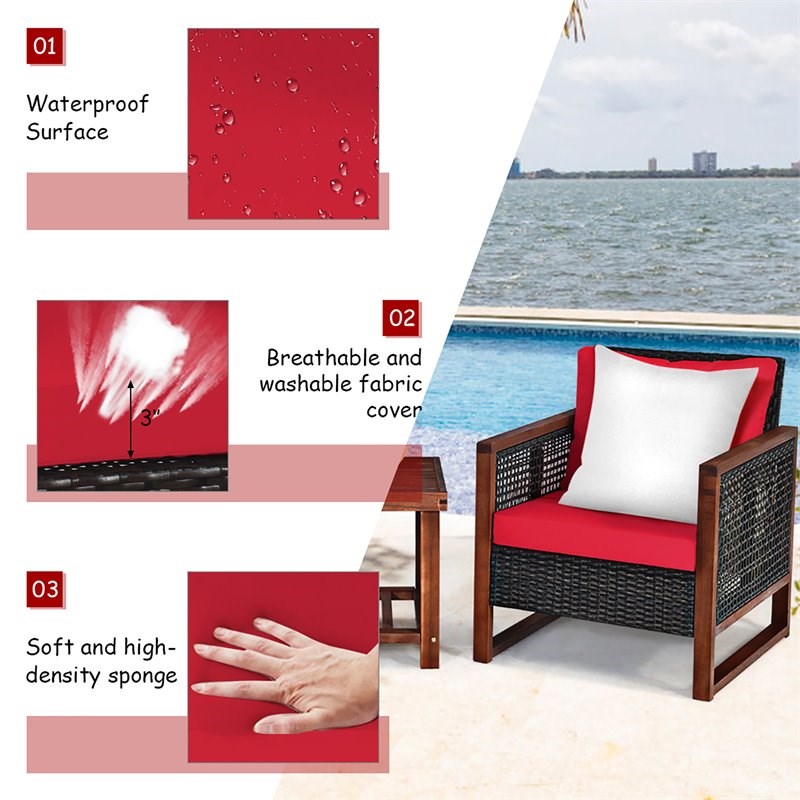 Pemberly Row 3-piece Rattan Patio Wicker Furniture Set with Square Table in Red