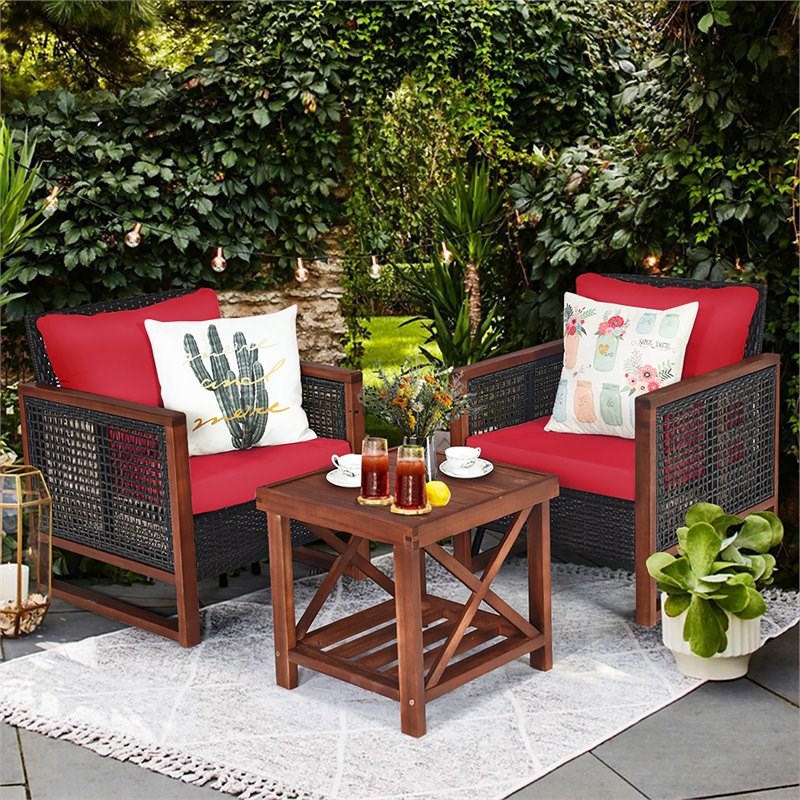 Pemberly Row 3-piece Rattan Patio Wicker Furniture Set with Square Table in Red