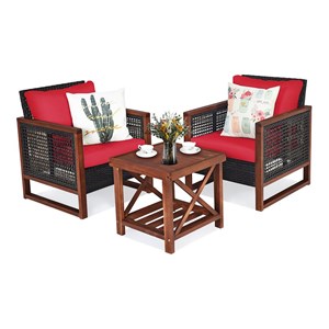 Pemberly Row 3-piece Rattan Patio Wicker Furniture Set with Square Table in Red