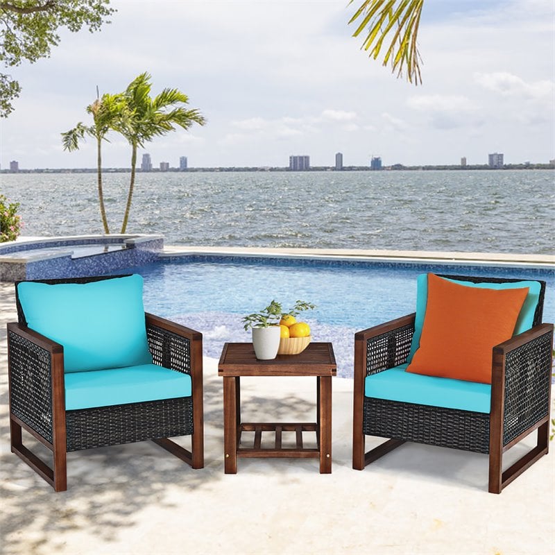 Pemberly Row 3-Pc Rattan Patio Wicker Furniture Set w/ Square Table in Turquoise