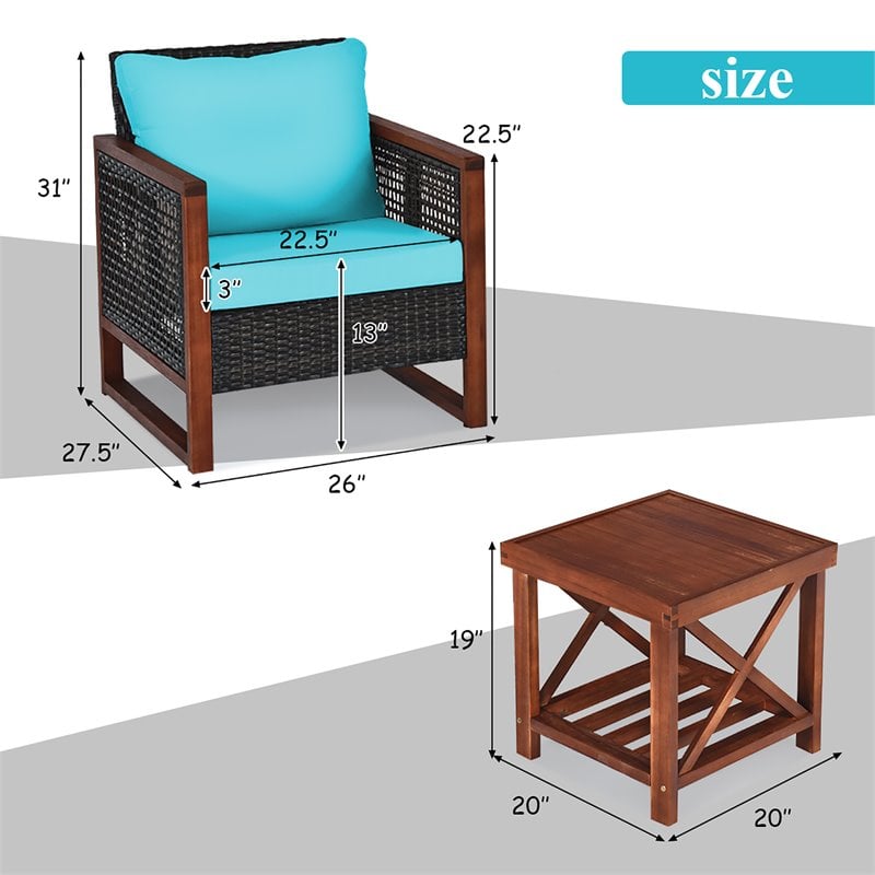 Pemberly Row 3-Pc Rattan Patio Wicker Furniture Set w/ Square Table in Turquoise