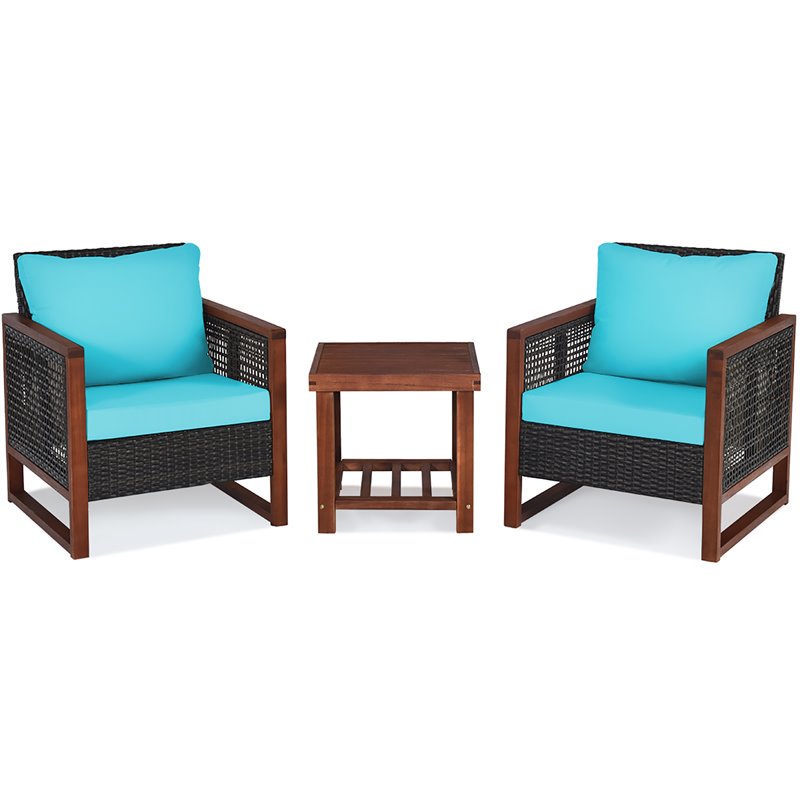 Pemberly Row 3-Pc Rattan Patio Wicker Furniture Set w/ Square Table in Turquoise
