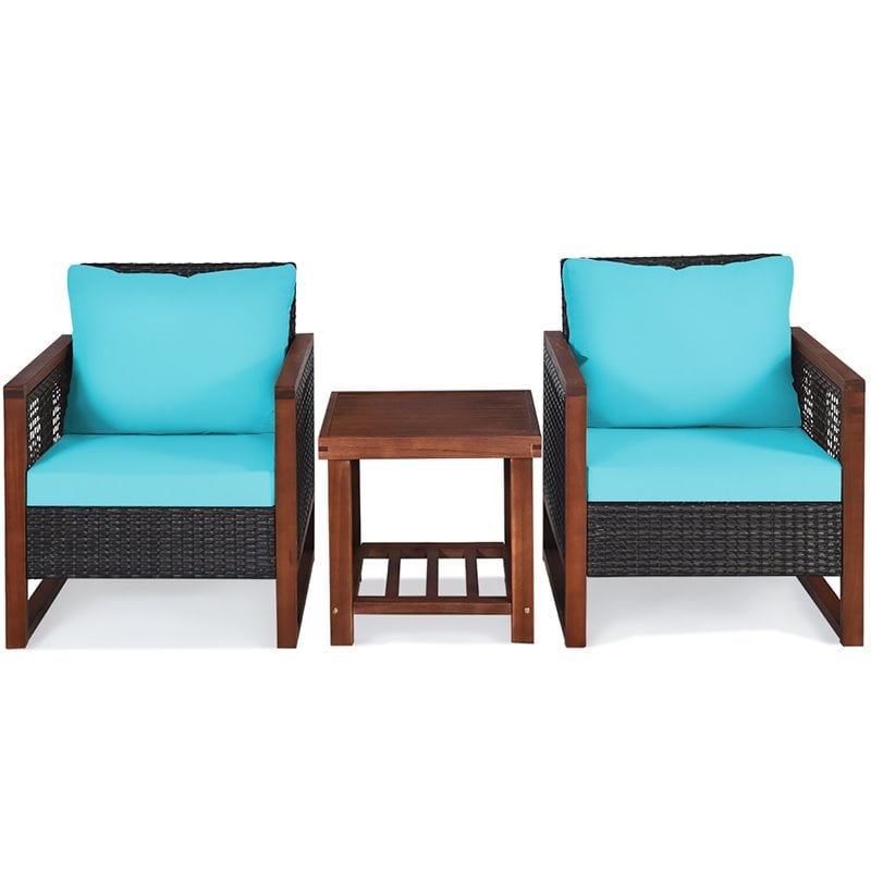 Pemberly Row 3-Pc Rattan Patio Wicker Furniture Set w/ Square Table in Turquoise