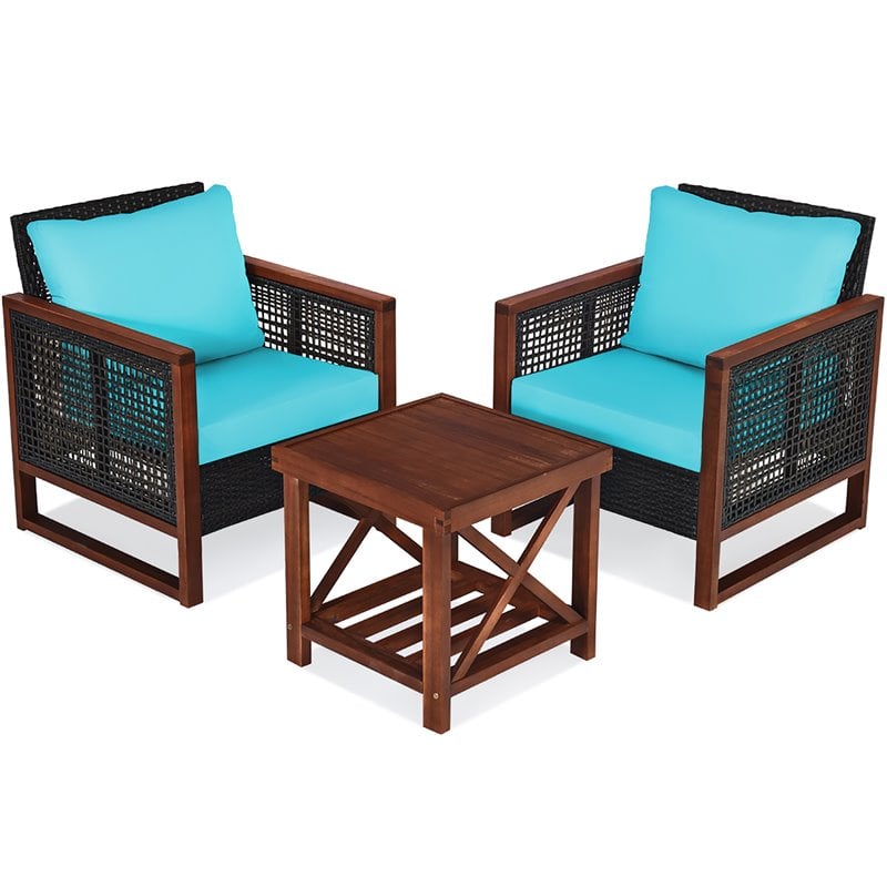 Pemberly Row 3-Pc Rattan Patio Wicker Furniture Set w/ Square Table in Turquoise