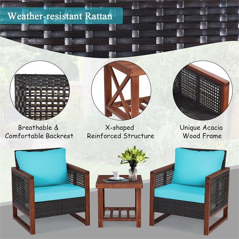 Pemberly Row 3-Pc Rattan Patio Wicker Furniture Set w/ Square Table in Turquoise