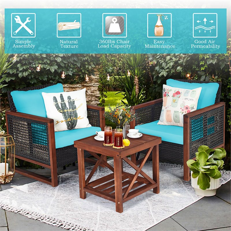 Pemberly Row 3-Pc Rattan Patio Wicker Furniture Set w/ Square Table in Turquoise