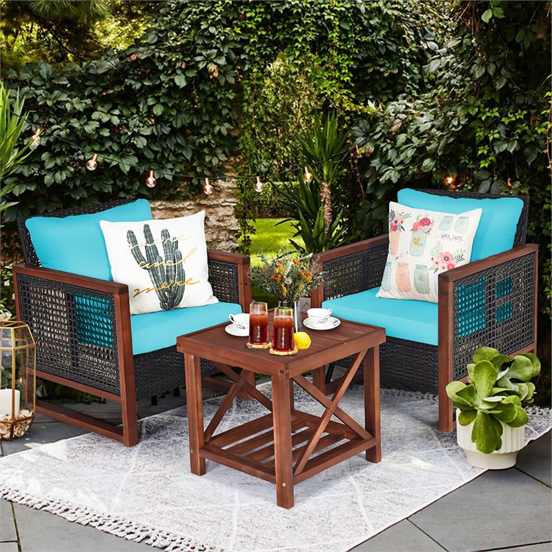 Pemberly Row 3-Pc Rattan Patio Wicker Furniture Set w/ Square Table in Turquoise