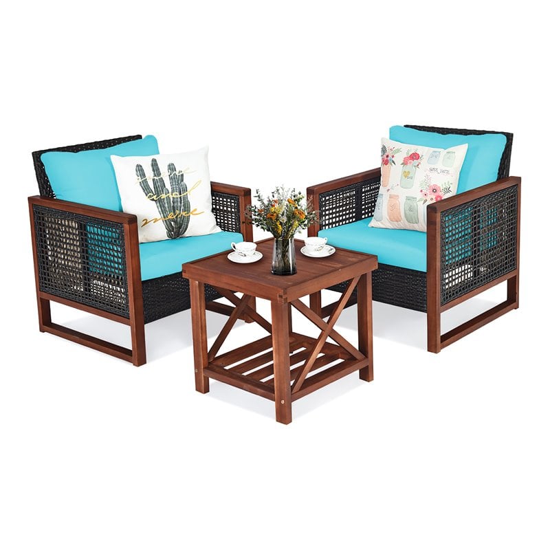 Pemberly Row 3-Pc Rattan Patio Wicker Furniture Set w/ Square Table in Turquoise