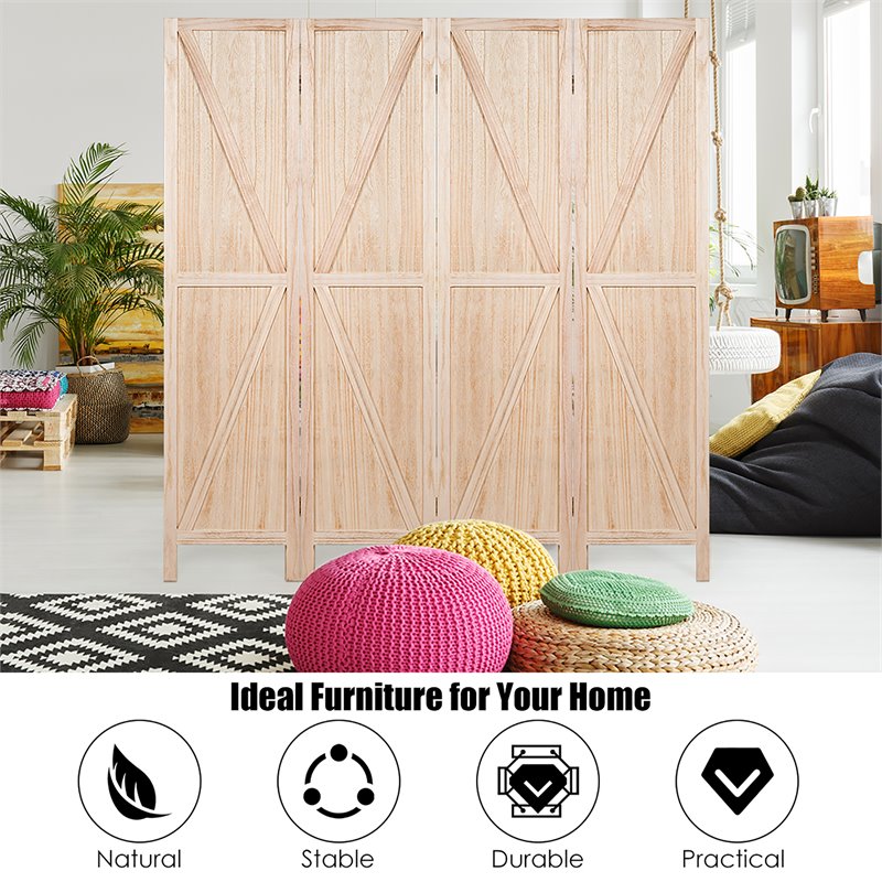 Pemberly Row 4-panel Wood Folding Room Divider with V-shaped Design in Natural