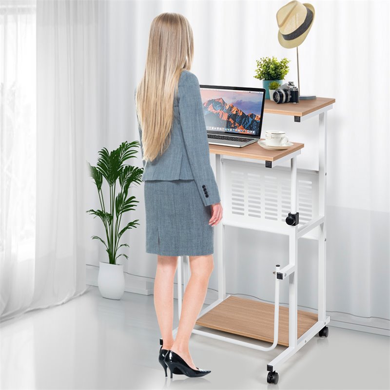 Pemberly Row MDF Height Computer Standing Desk w/ Wheels & Footrest in Oak