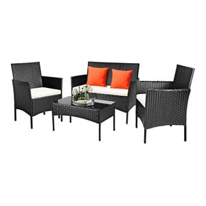 Pemberly Row 4-piece Patio Rattan Cushioned Sofas & Coffee Table in Mix Brown