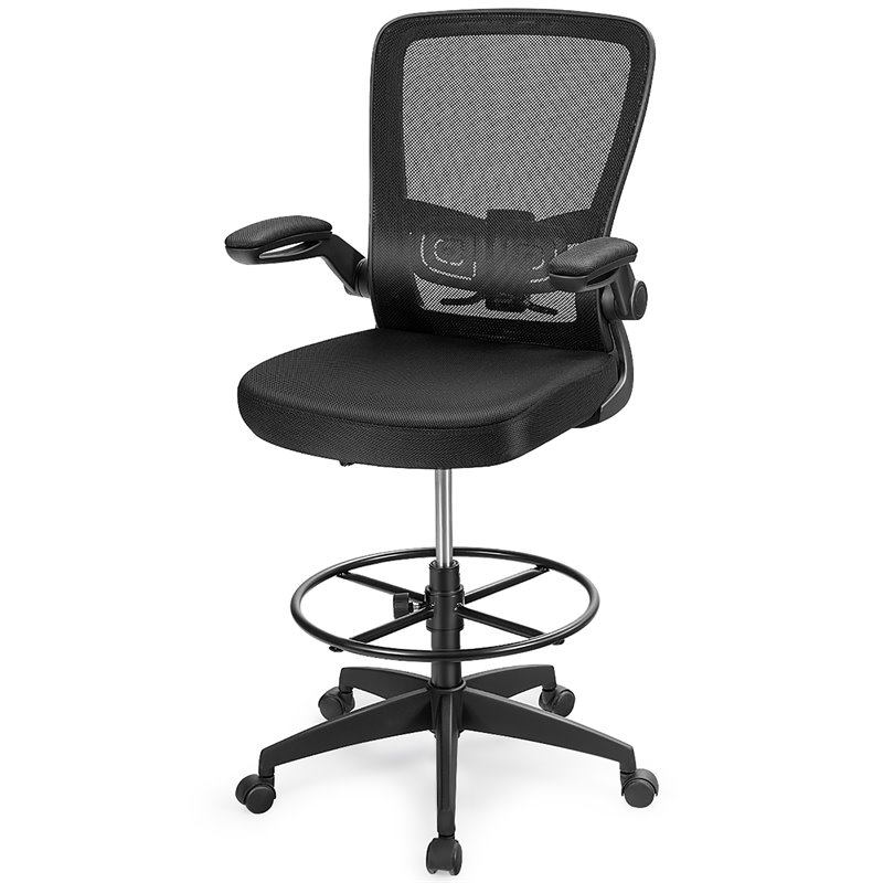 Pemberly Row Sponge Adjustable Height Drafting Chair w/ Lumbar Support in Black