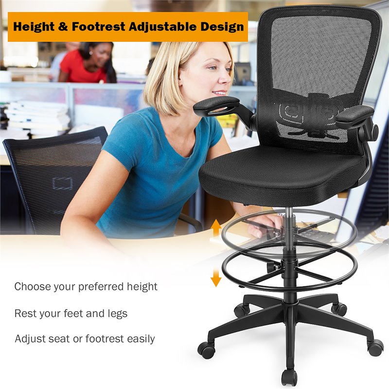 Pemberly Row Sponge Adjustable Height Drafting Chair w/ Lumbar Support in Black