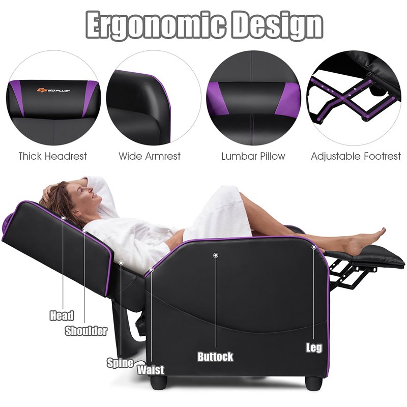 Pemberly Row Contemporary Faux Leather Massage Gaming Recliner Chair in Purple