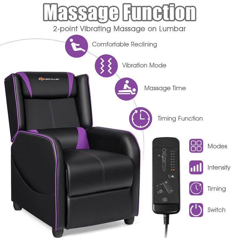 Pemberly Row Contemporary Faux Leather Massage Gaming Recliner Chair in Purple