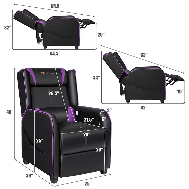 Pemberly Row Contemporary Faux Leather Massage Gaming Recliner Chair in Purple