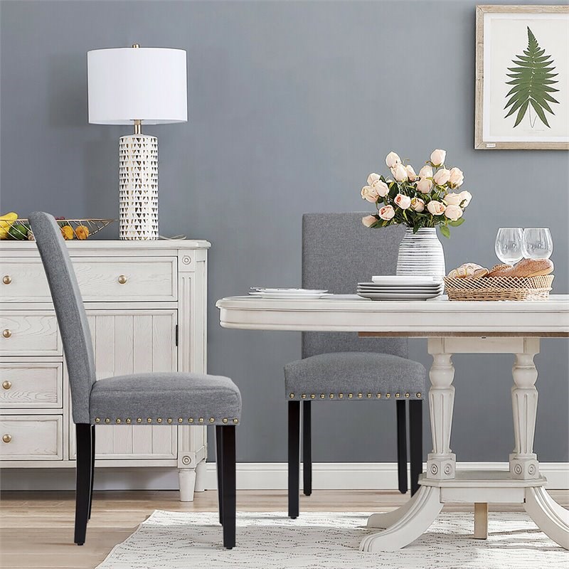Pemberly Row Fabric Dining Chairs with Nailhead Trim in Gray (Set of 2)