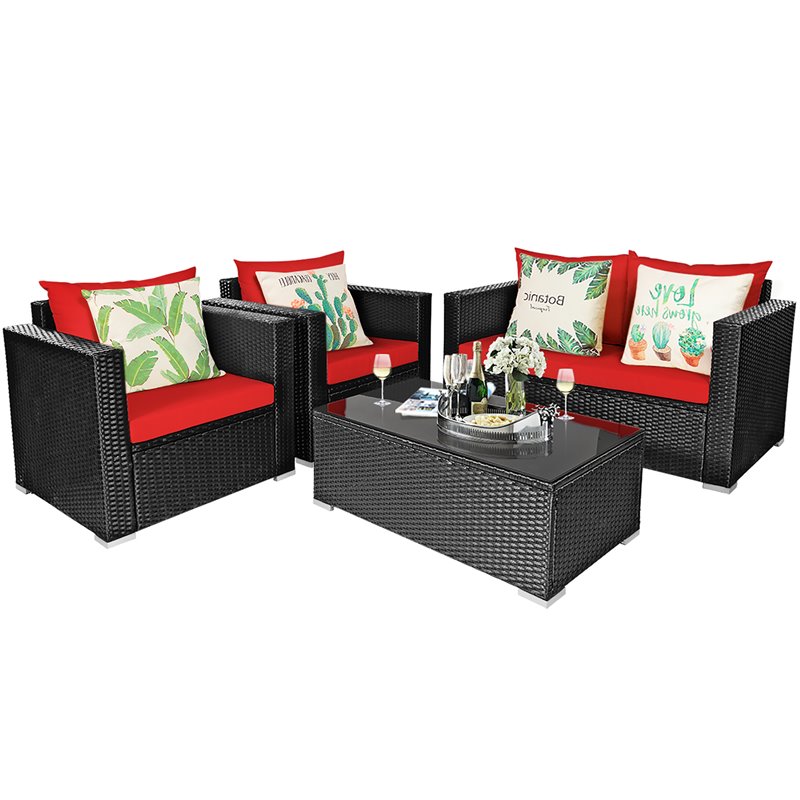 Pemberly Row 4-piece Contemporary Rattan Patio Furniture Set in Red