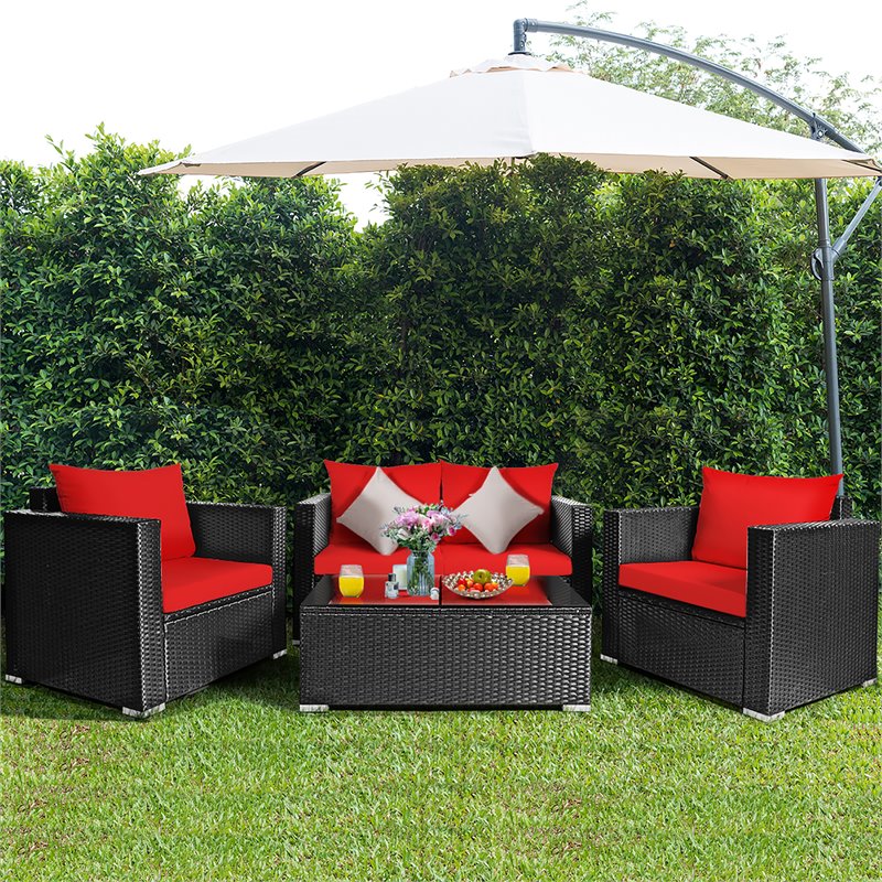 Pemberly Row 4-piece Contemporary Rattan Patio Furniture Set in Red