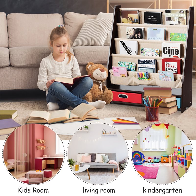 Pemberly Row Kids Book Rack Toys Organizer w/ 4 Sling Bookshelf & 2-Box-Espresso