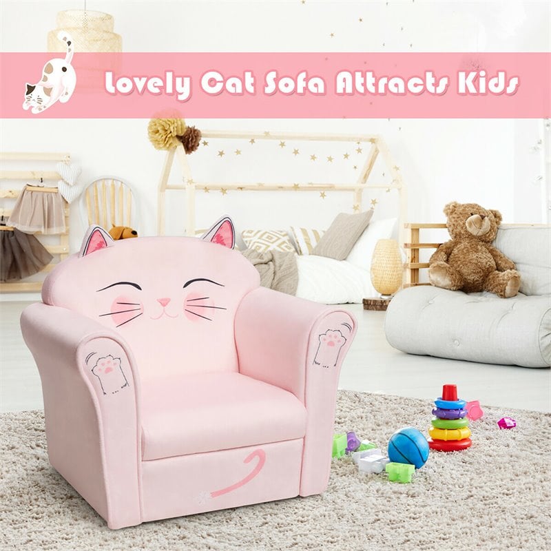 Pemberly Row Contemporary Eucalyptus and Velvet Cat Kids Sofa in Pink