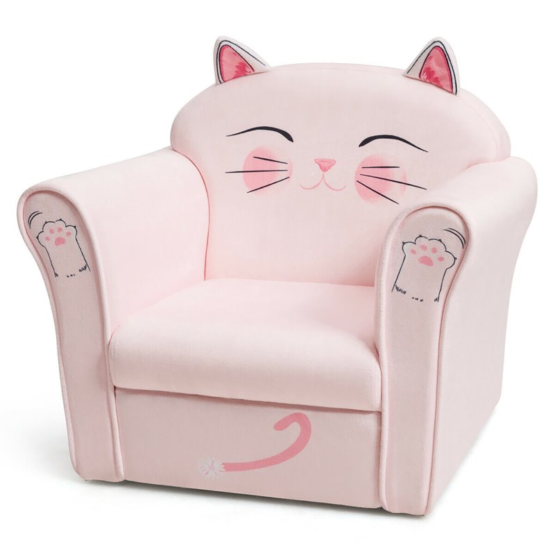 Pemberly Row Contemporary Eucalyptus and Velvet Cat Kids Sofa in Pink