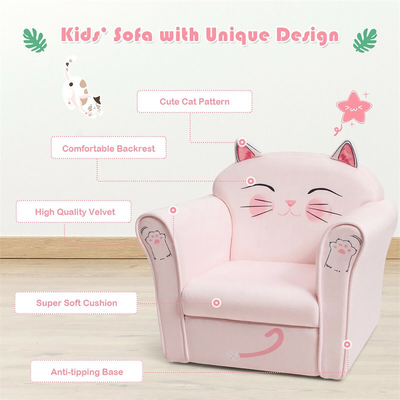 Pemberly Row Contemporary Eucalyptus and Velvet Cat Kids Sofa in Pink