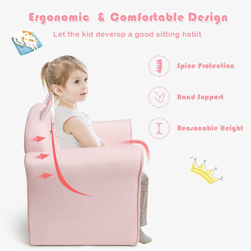 Pemberly Row Contemporary Eucalyptus and Velvet Cat Kids Sofa in Pink