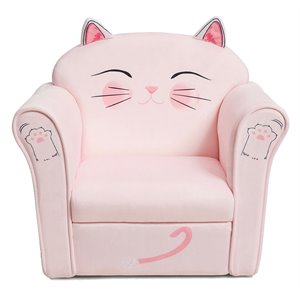 Pemberly Row Contemporary Eucalyptus and Velvet Cat Kids Sofa in Pink