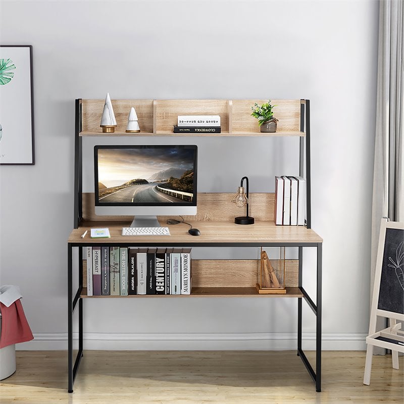 Pemberly Row Wood Computer Desk w/ 3 Storage Cubes & Open Bookcase-Natural