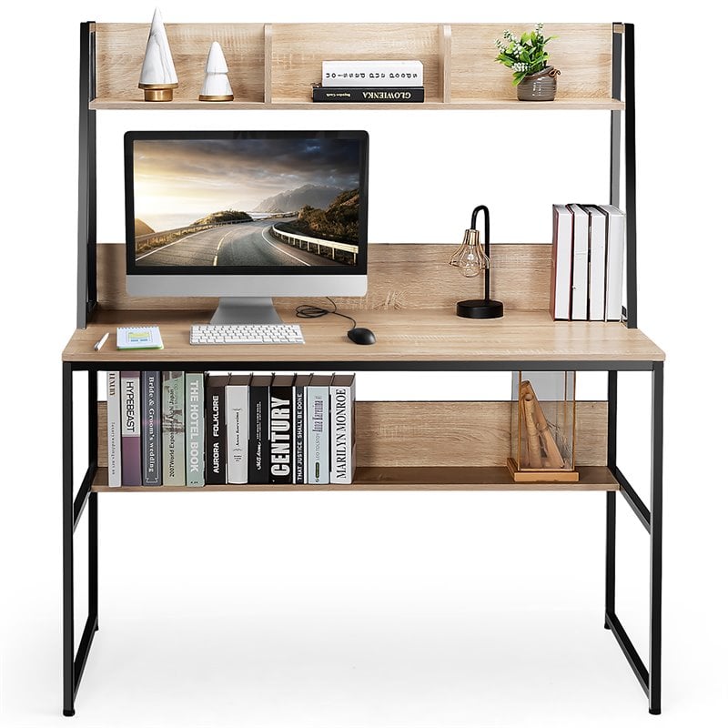 Pemberly Row Wood Computer Desk w/ 3 Storage Cubes & Open Bookcase-Natural