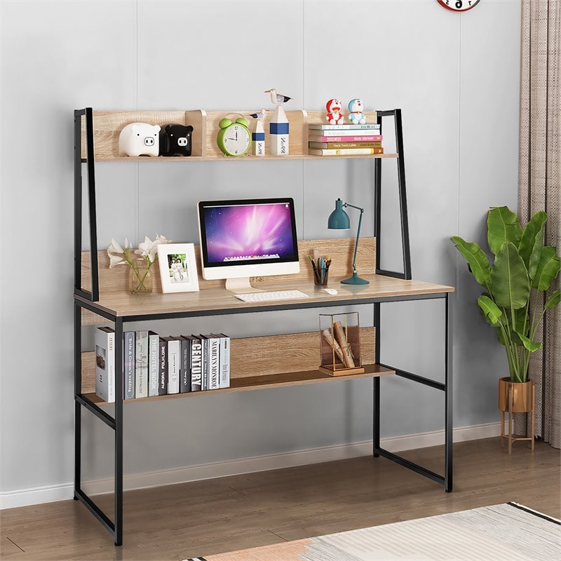 Pemberly Row Wood Computer Desk w/ 3 Storage Cubes & Open Bookcase-Natural