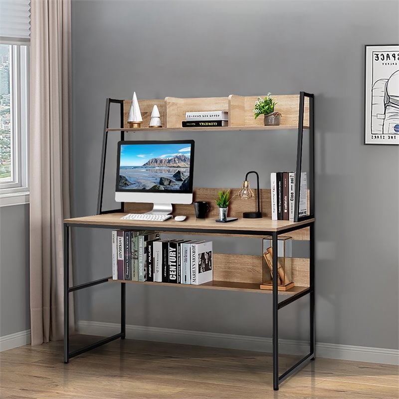 Pemberly Row Wood Computer Desk w/ 3 Storage Cubes & Open Bookcase-Natural