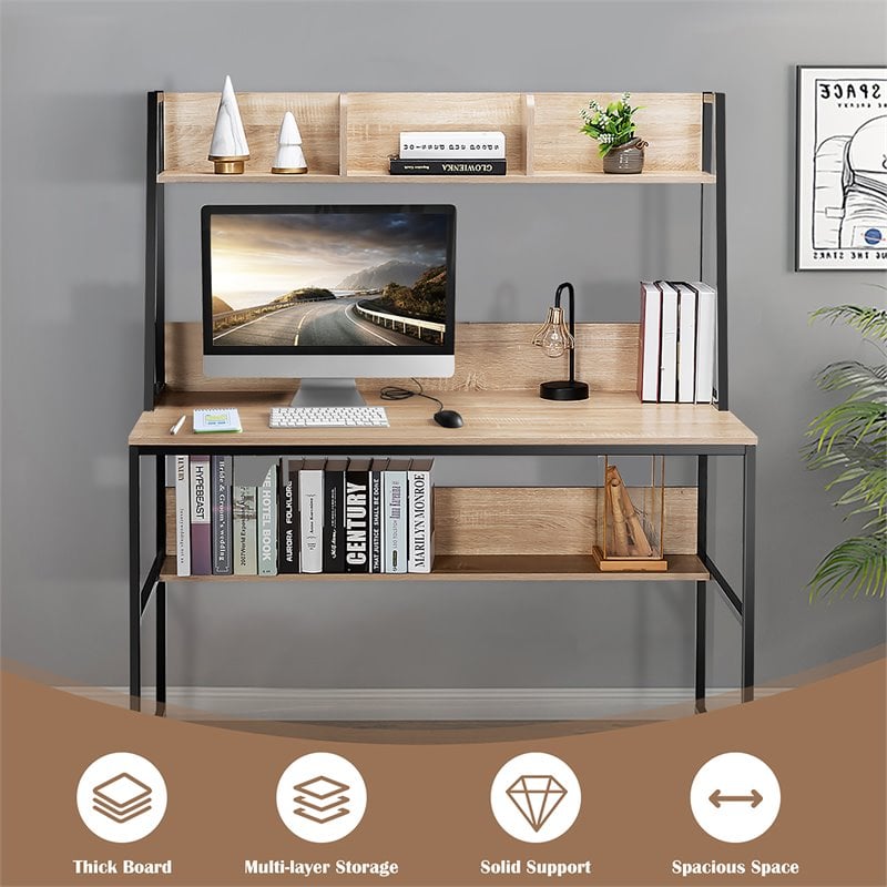 Pemberly Row Wood Computer Desk w/ 3 Storage Cubes & Open Bookcase-Natural