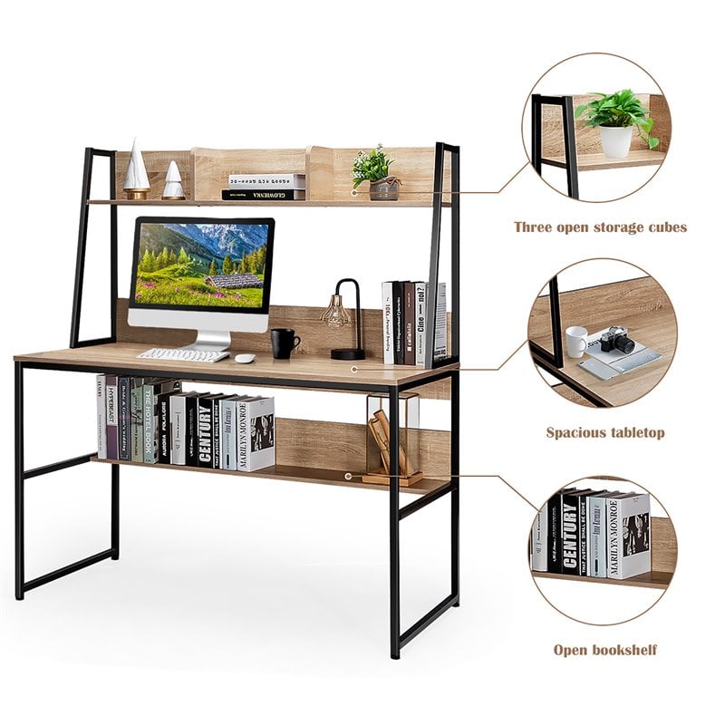 Pemberly Row Wood Computer Desk w/ 3 Storage Cubes & Open Bookcase-Natural