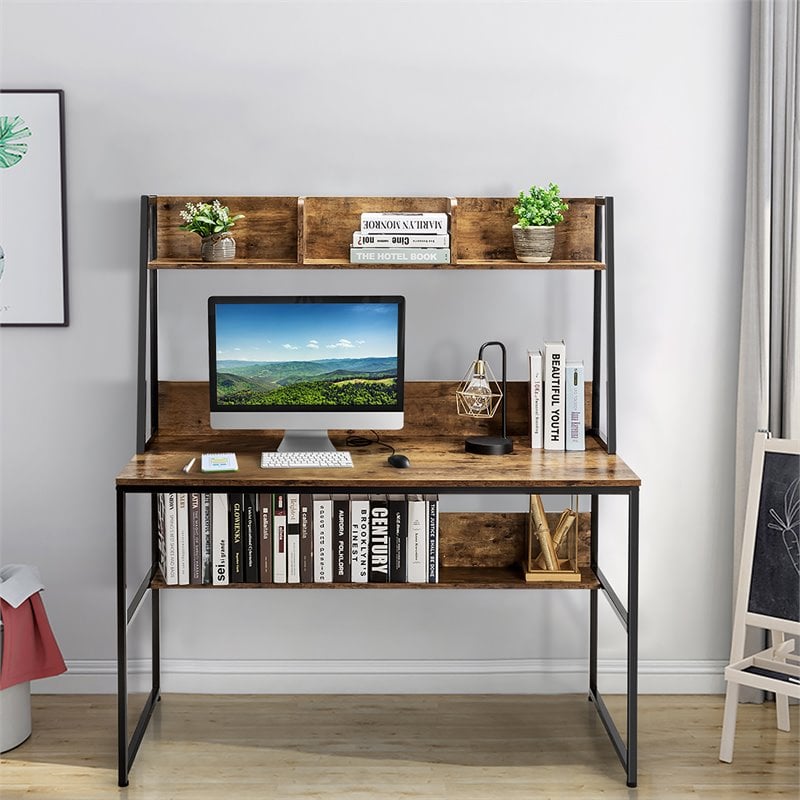 Pemberly Row 47'' Wood Computer Desk w/ 3 Storage Cubes & Open Bookcase in Brown